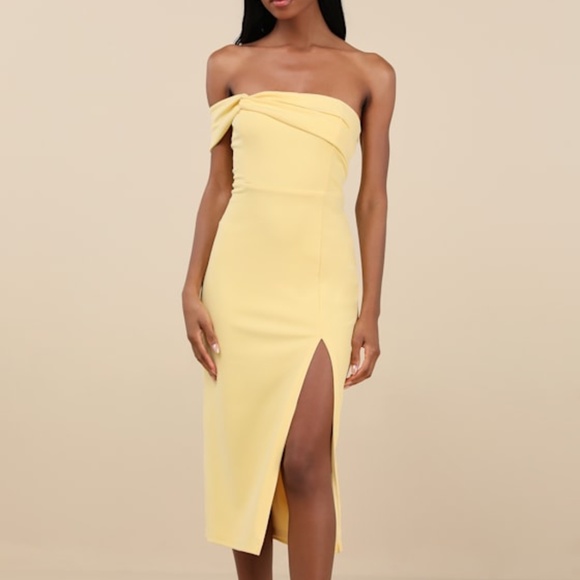 Lulu's Twist And Make Up Light Yellow One-shoulder Bodycon Midi Dress - Picture 1 of 4